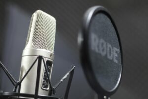 Close up image of a podcast set up
