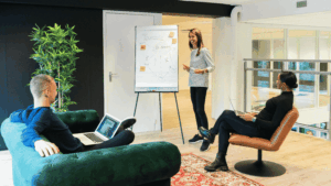 Woman presenting to her team